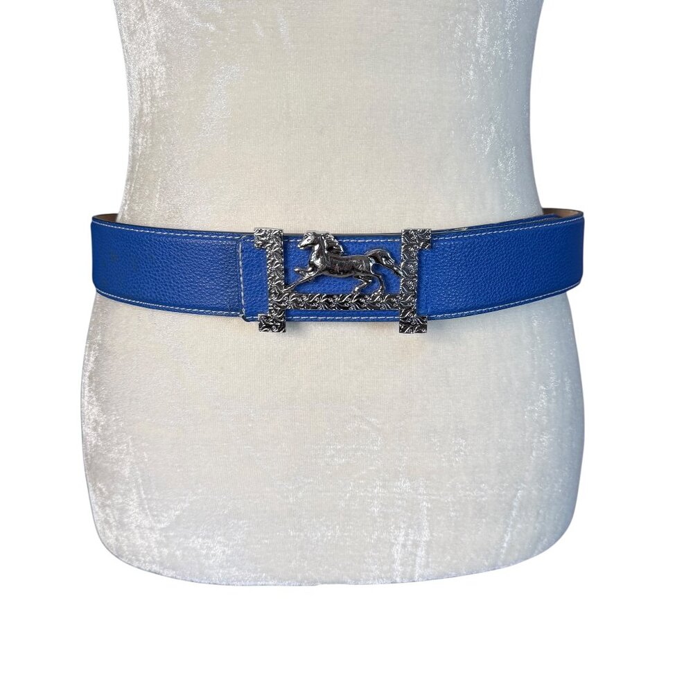 Ovation Riding blue leather adjustable belt with silver horse buckle 40" Length